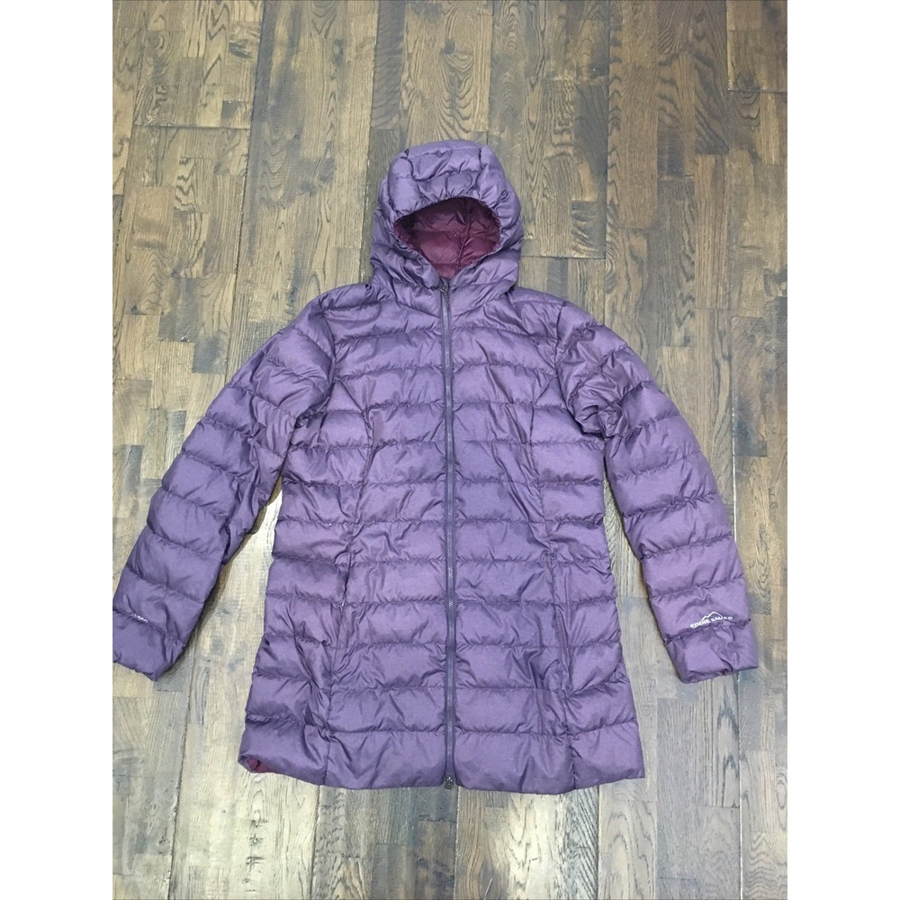 Eddie Bauer EB650 Down Jacket Womens Large Plum Quilted Hooded Puffer